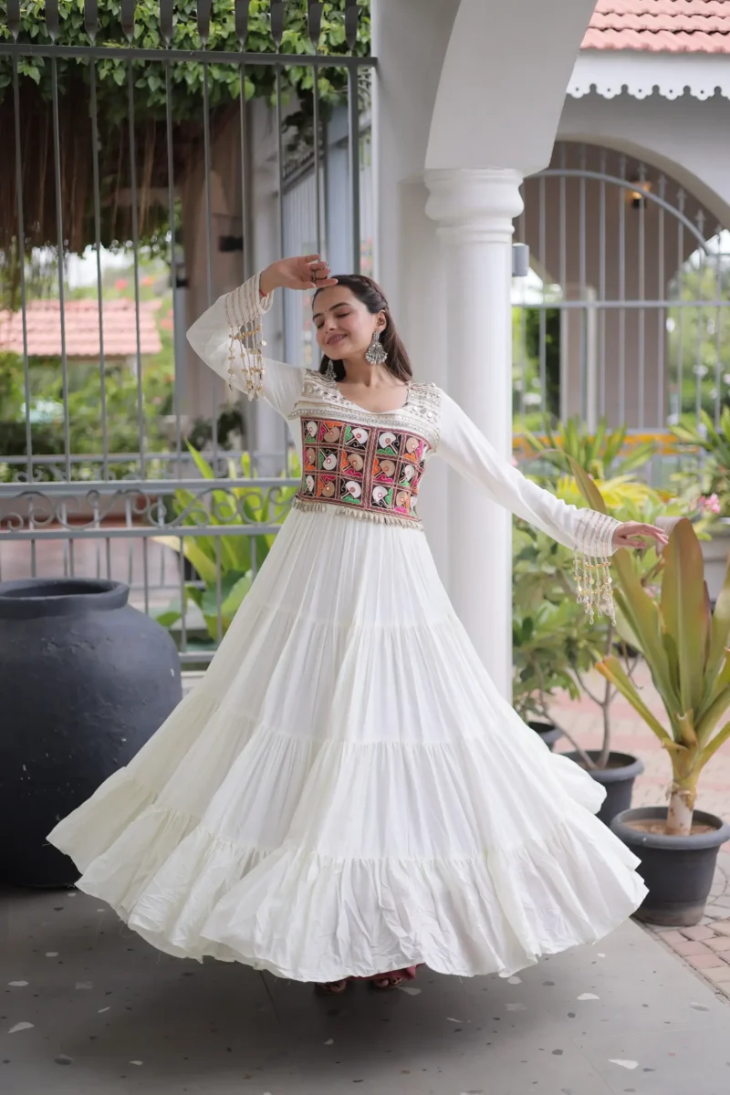 White Colour Kutchi Gamthi Mirror Work Navratri Gown with 12 Meter full Flair