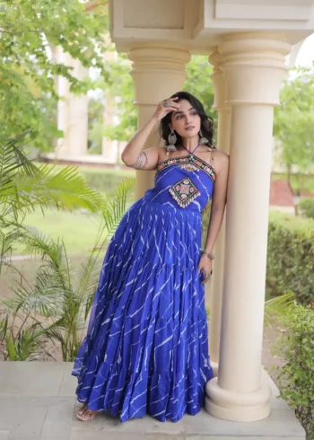 Blue Laheriya Print Kutchi Patchwork Navratri Garba Gown