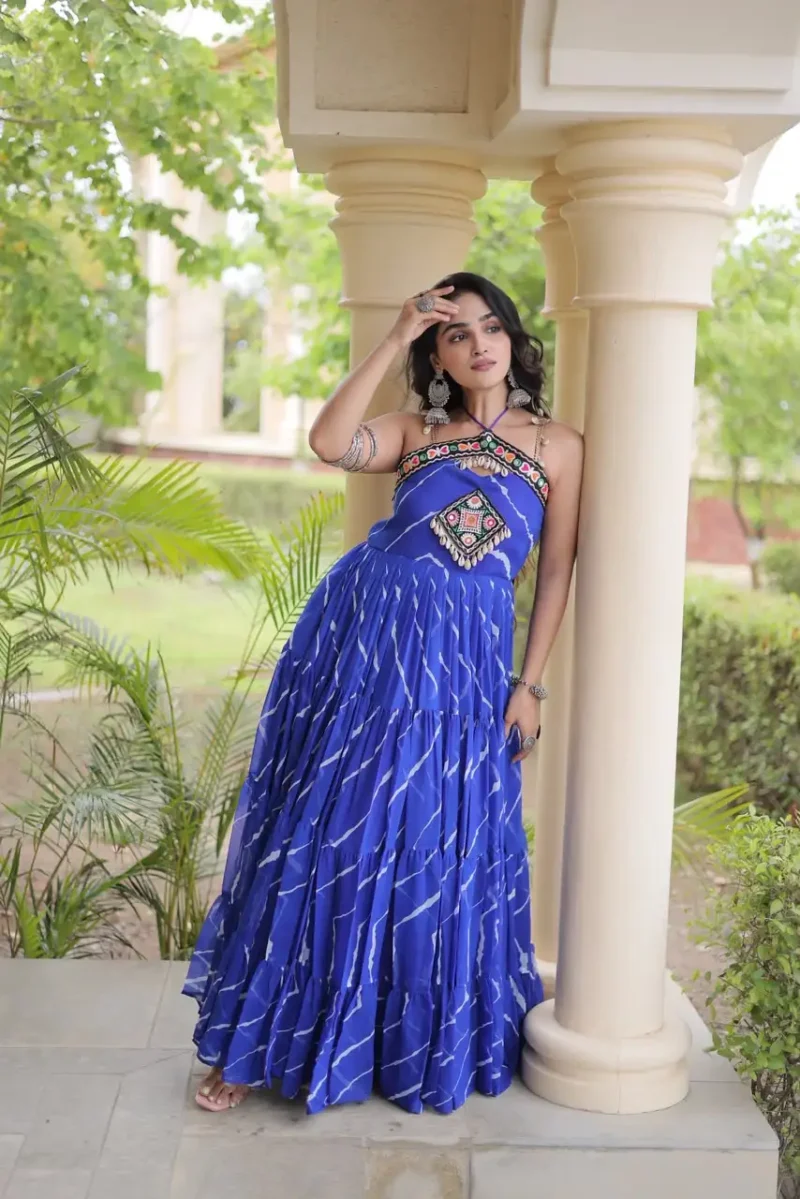 Blue Laheriya Print Kutchi Patchwork Navratri Garba Gown