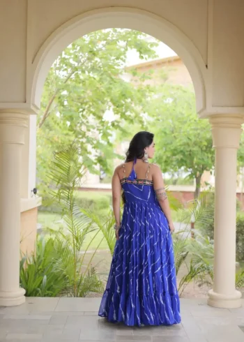 Blue Laheriya Print Kutchi Patchwork Navratri Garba Gown back design