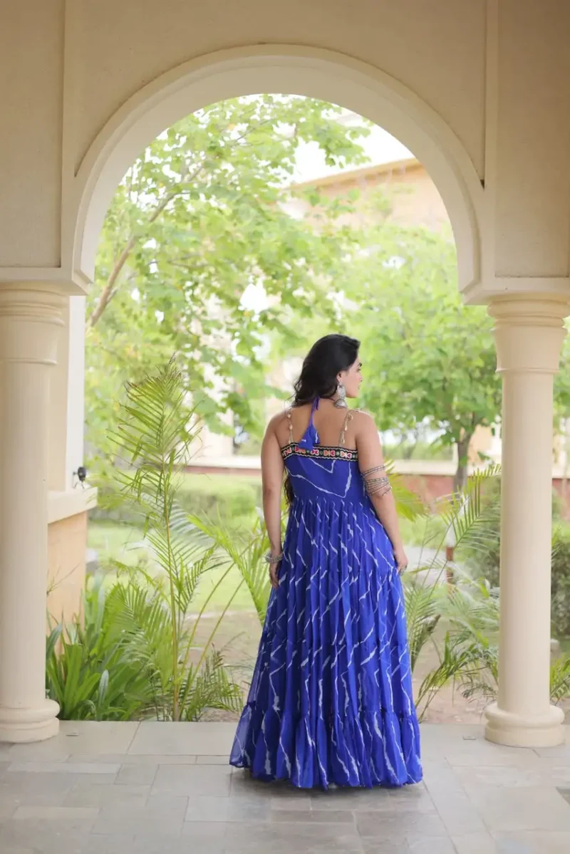 Blue Laheriya Print Kutchi Patchwork Navratri Garba Gown back design