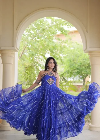 Blue Laheriya Print Kutchi Patchwork Navratri Garba Gown flair look