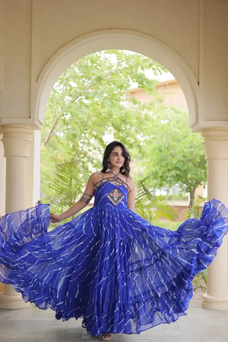 Blue Laheriya Print Kutchi Patchwork Navratri Garba Gown flair look