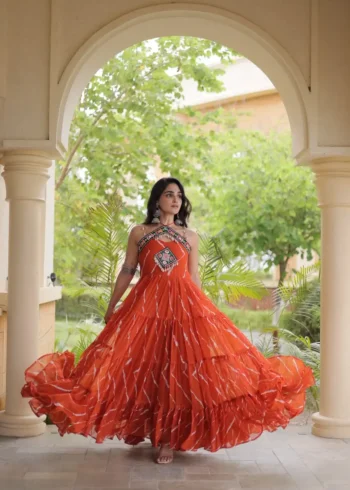 Orange Laheriya Print Kutchi Patchwork Navratri Garba Gown full gher