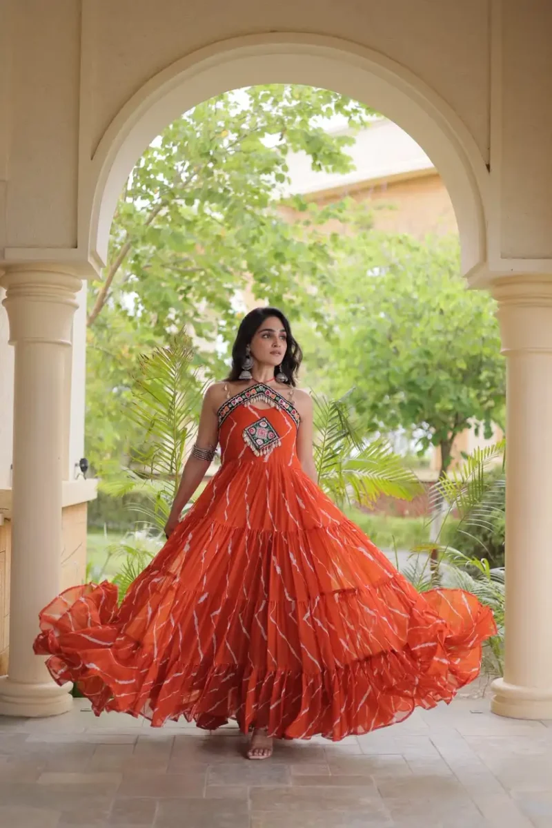 Orange Laheriya Print Kutchi Patchwork Navratri Garba Gown full gher