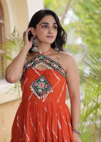 Orange Laheriya Print Kutchi Patchwork Navratri Garba Gown close look