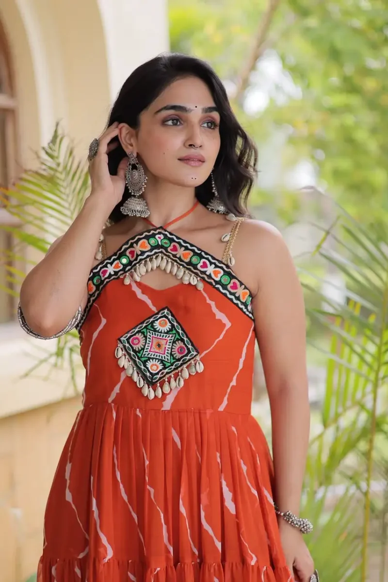Orange Laheriya Print Kutchi Patchwork Navratri Garba Gown close look