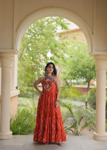 Orange Laheriya Print Kutchi Patchwork Navratri Garba Gown