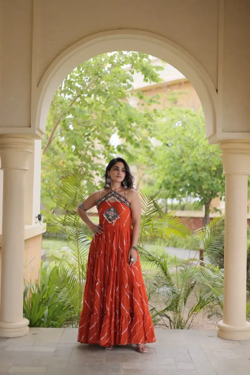 Orange Laheriya Print Kutchi Patchwork Navratri Garba Gown