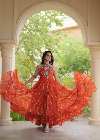 Orange Laheriya Print Kutchi Patchwork Navratri Garba Gown flair look