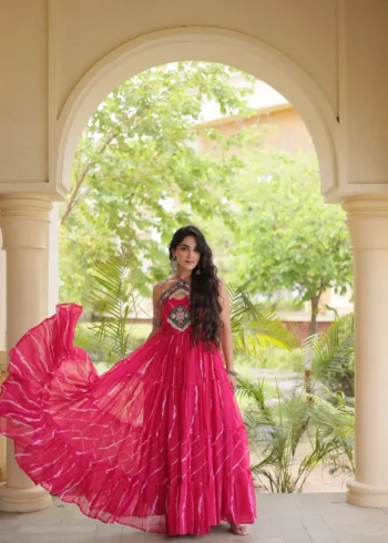 Pink Laheriya Print Kutchi Patchwork Navratri Garba Gown front look
