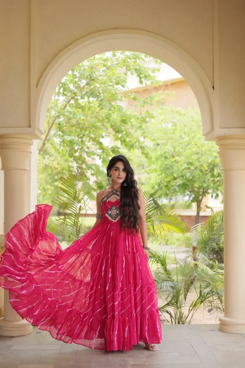 Pink Laheriya Print Kutchi Patchwork Navratri Garba Gown front look