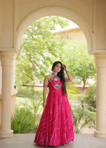 Pink Laheriya Print Kutchi Patchwork Navratri Garba Gown full front
