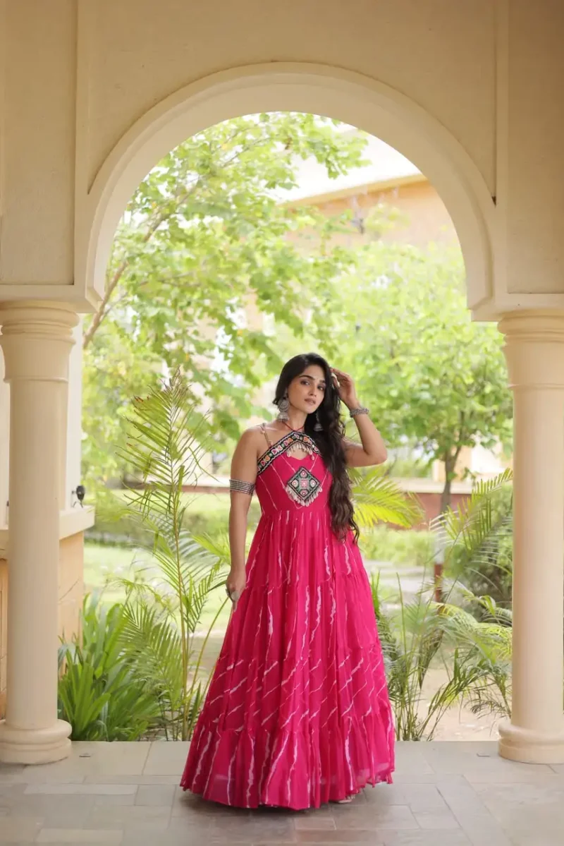 Pink Laheriya Print Kutchi Patchwork Navratri Garba Gown full front