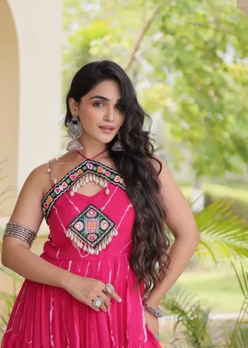 Pink Laheriya Print Kutchi Patchwork Navratri Garba Gown close look