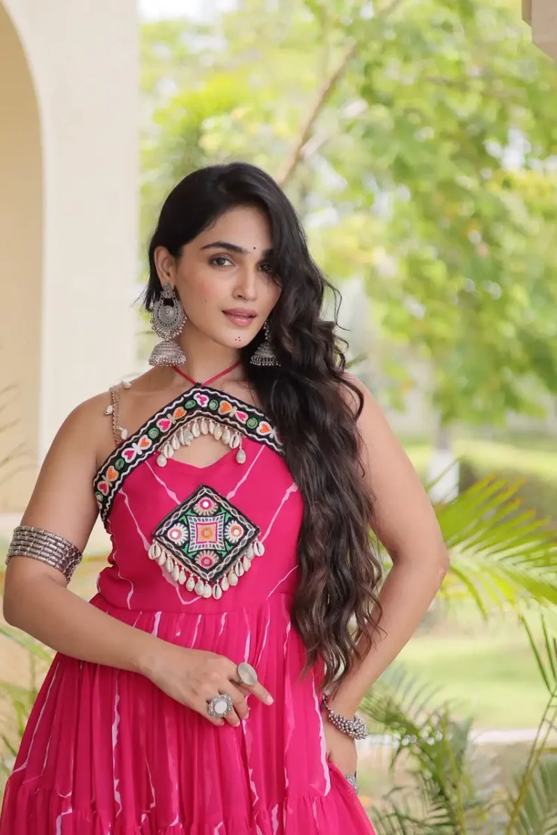 Pink Laheriya Print Kutchi Patchwork Navratri Garba Gown close look