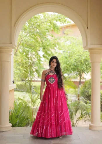 Pink Laheriya Print Kutchi Patchwork Navratri Garba Gown