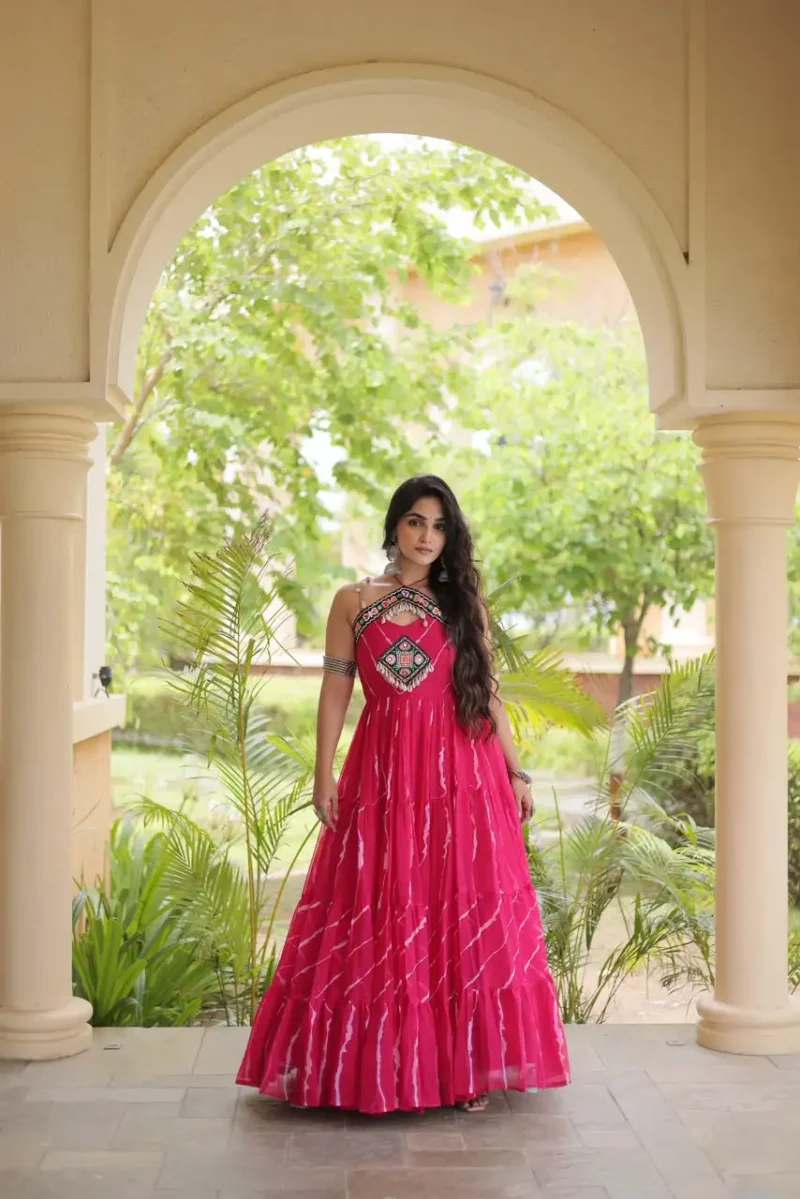 Pink Laheriya Print Kutchi Patchwork Navratri Garba Gown