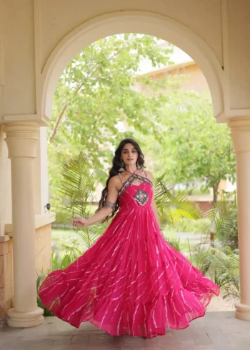 Pink Laheriya Print Kutchi Patchwork Navratri Garba Gown flair look
