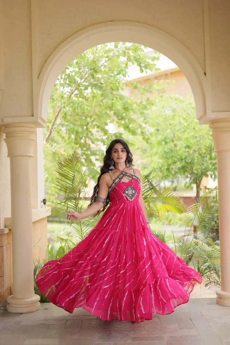 Pink Laheriya Print Kutchi Patchwork Navratri Garba Gown flair look