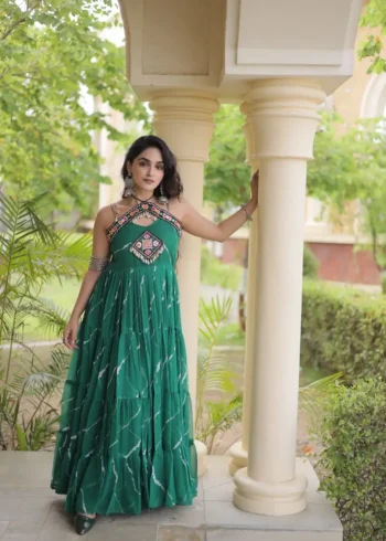 Teal Laheriya Print Kutchi Patchwork Navratri Garba Gown