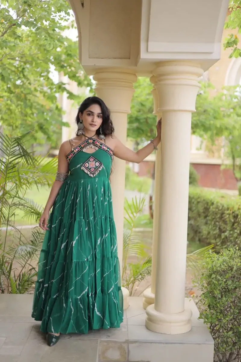 Teal Laheriya Print Kutchi Patchwork Navratri Garba Gown