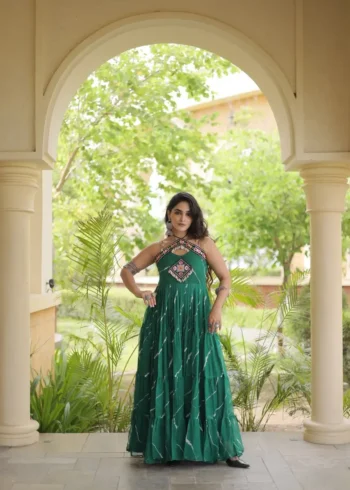 Teal Laheriya Print Kutchi Patchwork Navratri Garba Gown front look