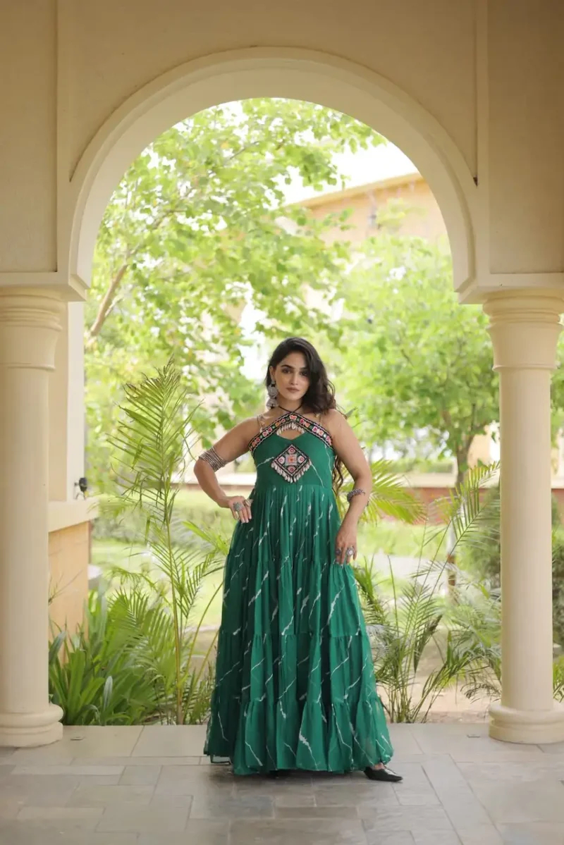 Teal Laheriya Print Kutchi Patchwork Navratri Garba Gown front look