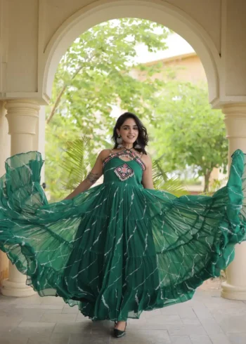 Teal Laheriya Print Kutchi Patchwork Navratri Garba Gown flair look