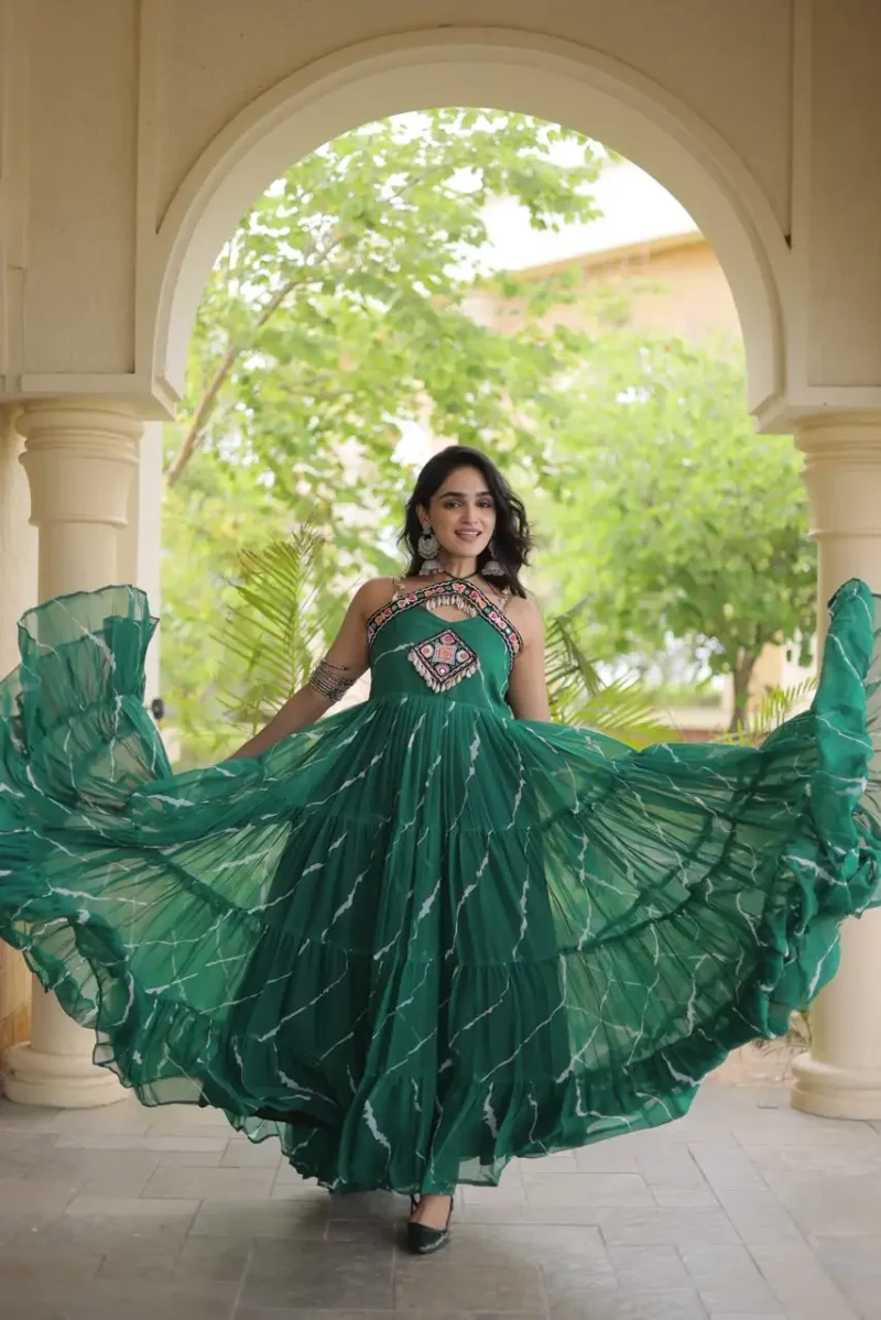 Teal Laheriya Print Kutchi Patchwork Navratri Garba Gown flair look