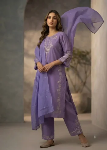 Women's Lavender Cotton Kurta Pant Set with Pure Cotton Dupatta full front