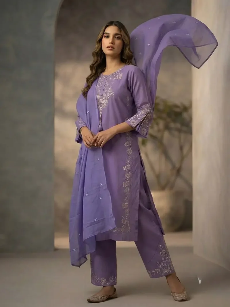 Women's Lavender Cotton Kurta Pant Set with Pure Cotton Dupatta full front