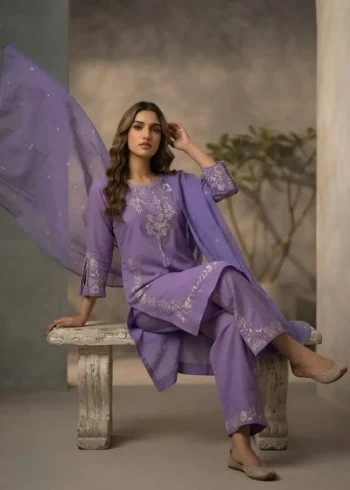 Women's Lavender Cotton Kurta Pant Set with Pure Cotton Dupatta sitting pose