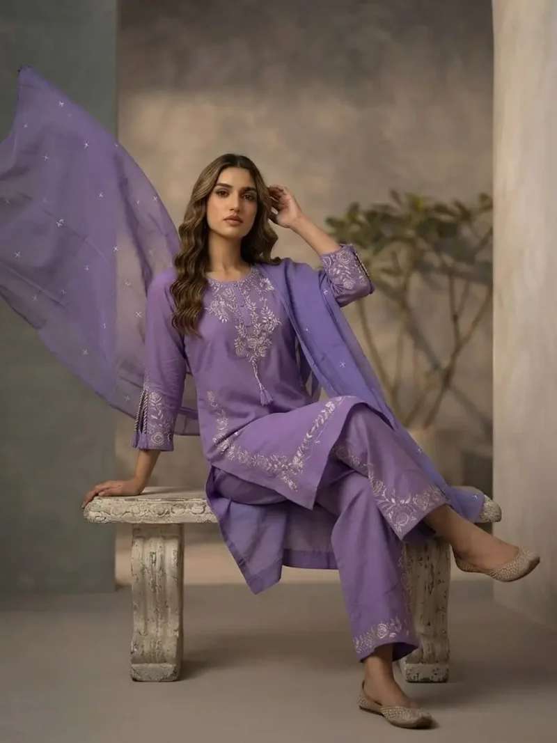 Women's Lavender Cotton Kurta Pant Set with Pure Cotton Dupatta sitting pose