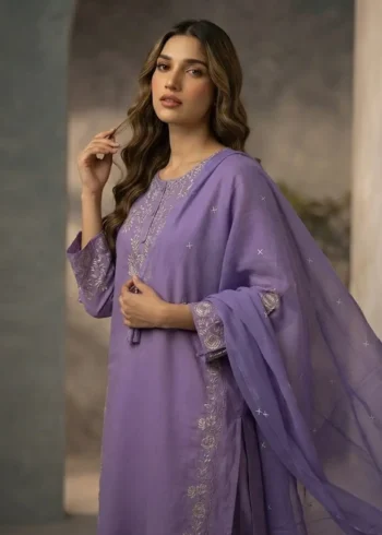 Women's Lavender Cotton Kurta Pant Set with Pure Cotton Dupatta close look