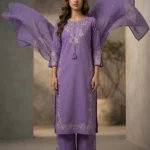 Women's Lavender Cotton Kurta Pant Set with Pure Cotton Dupatta front
