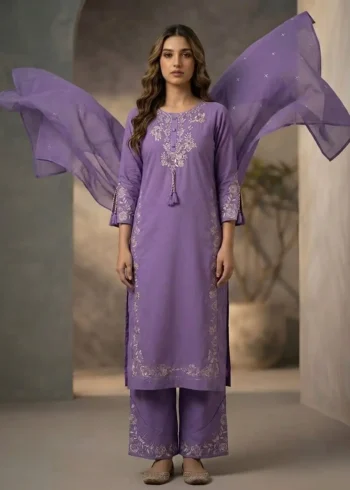 Women's Lavender Cotton Kurta Pant Set with Pure Cotton Dupatta front