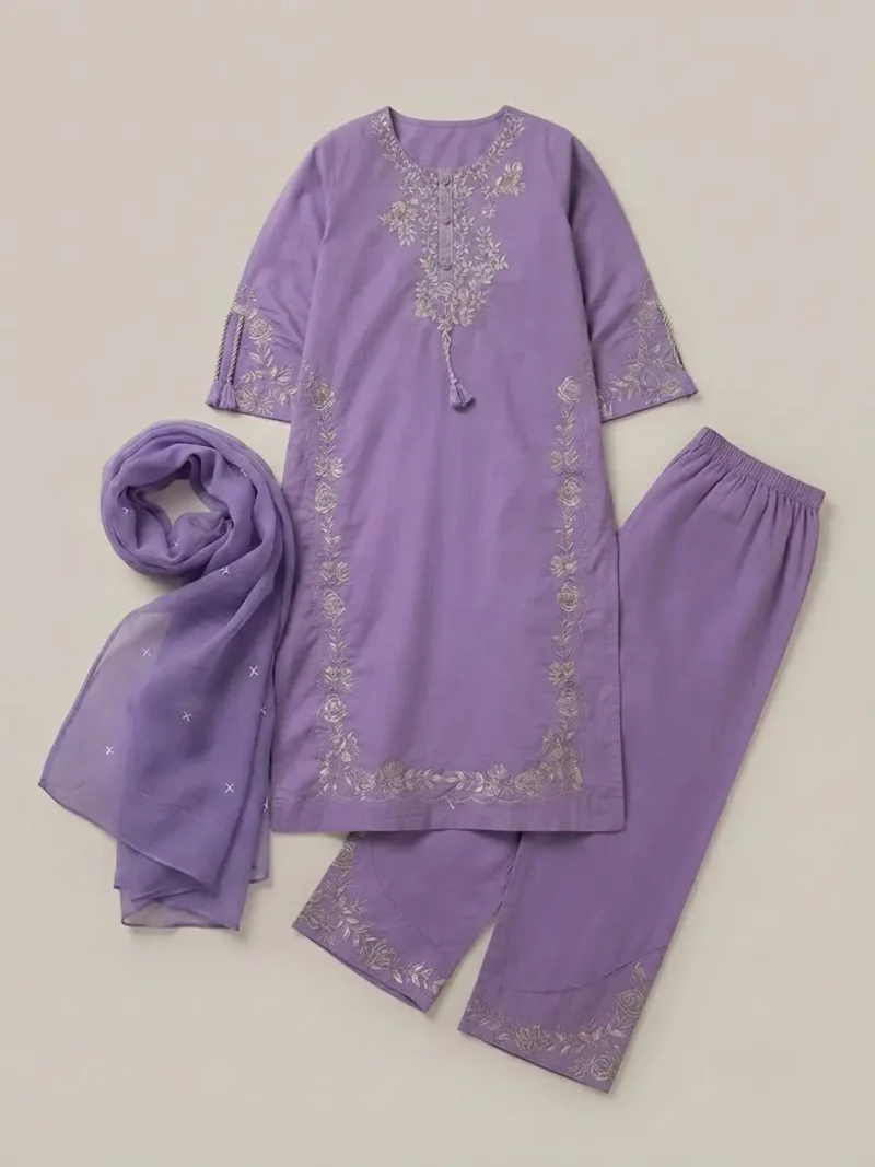 Women's Lavender Cotton Kurta Pant Set with Pure Cotton Dupatta live