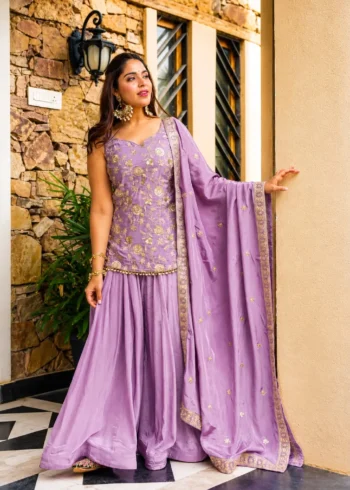 Lavender Diamond Silk Sharara Suit with Sequins Zari Embroidery