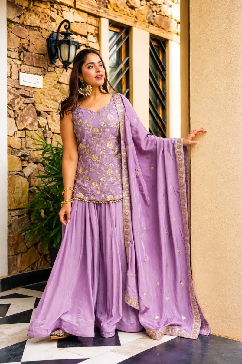 Lavender Diamond Silk Sharara Suit with Sequins Zari Embroidery