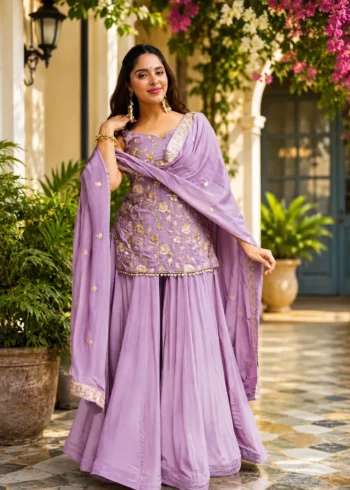 Lavender Diamond Silk Sharara Suit with Sequins Zari Embroidery full look