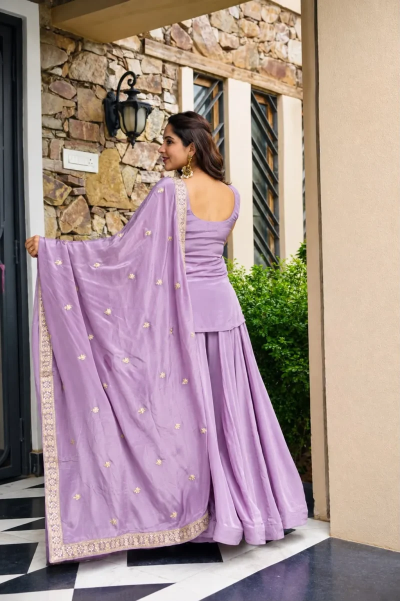 Lavender Diamond Silk Sharara Suit with Sequins Zari Embroidery back design look