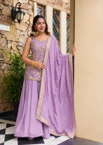 Lavender Diamond Silk Sharara Suit with Sequins Zari Embroidery front dupatta