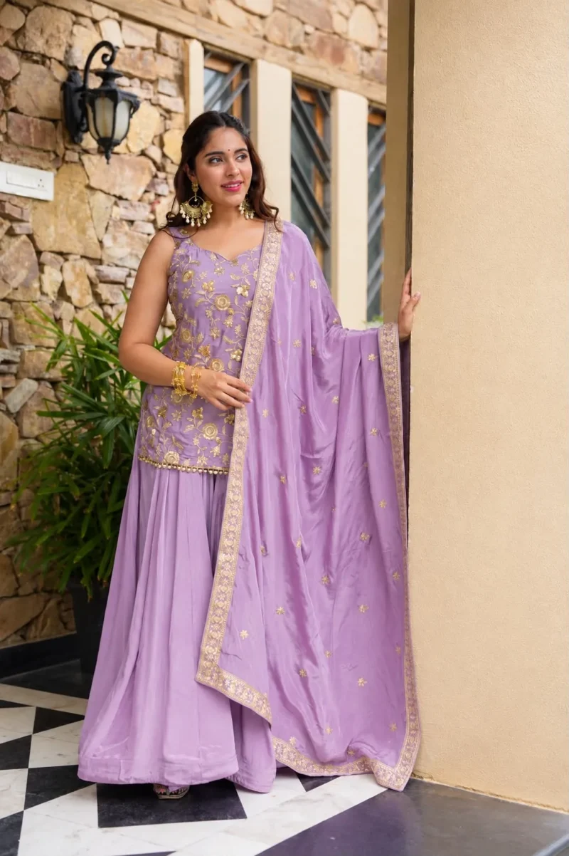 Lavender Diamond Silk Sharara Suit with Sequins Zari Embroidery front dupatta