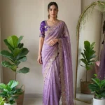 Lavender Fendy Satin Silk Wedding Saree front look