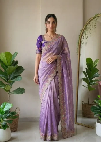Lavender Fendy Satin Silk Wedding Saree front look