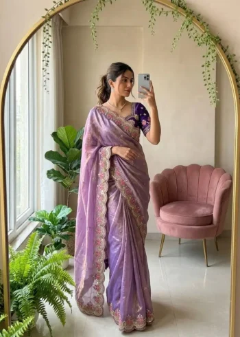 Lavender Fendy Satin Silk Wedding Saree mirror selfie