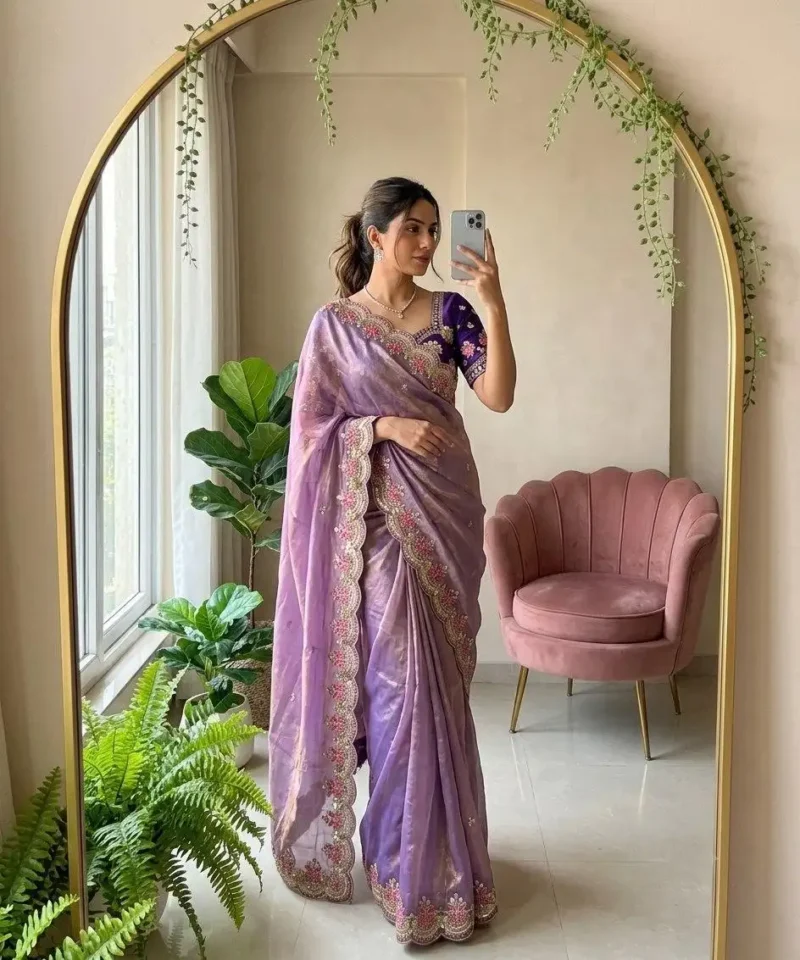 Lavender Fendy Satin Silk Wedding Saree mirror selfie