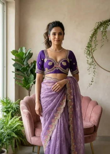 Lavender Fendy Satin Silk Wedding Saree blouse design