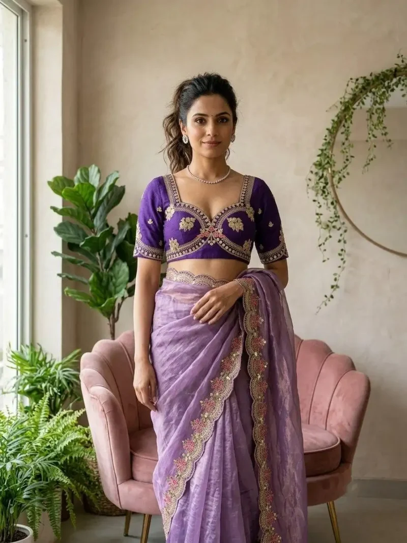 Lavender Fendy Satin Silk Wedding Saree blouse design